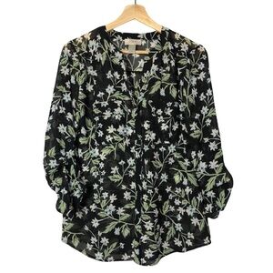 LOFT Black Floral Semi Sheer Long Sleeve Blouse S